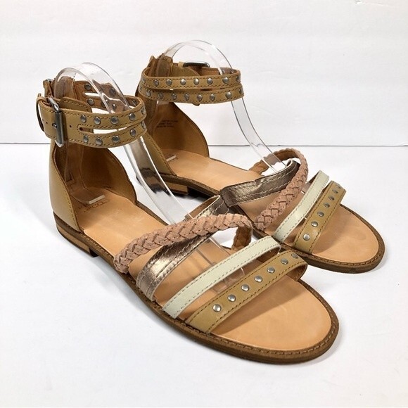 Frye and Co Leather Mixed Strap Stud Evie Sandals Flats 8.5 - Picture 1 of 9